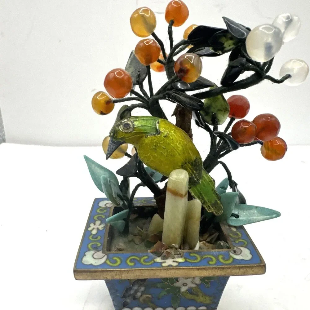 Pair of Antique 20th c. Chinese Parrot, Turquoise Agate Flower Bonsai Tree